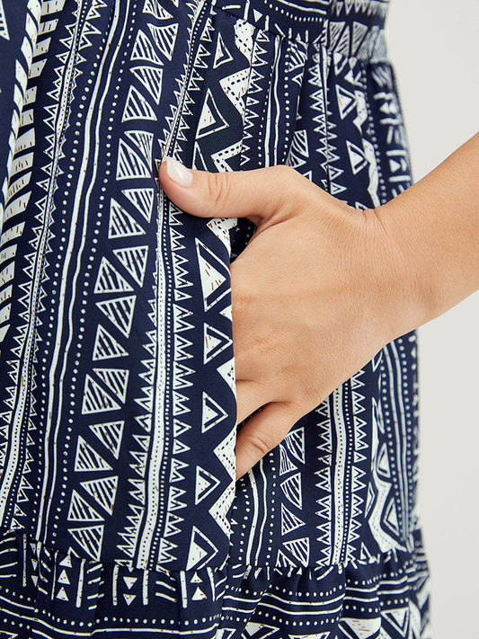 Geometric Patchwork Pocket Ruffles Shirred Cami Dress