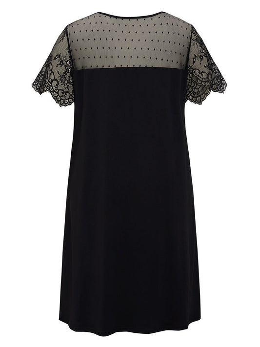 Plain Pocket Lace Mesh Patchwork Dress