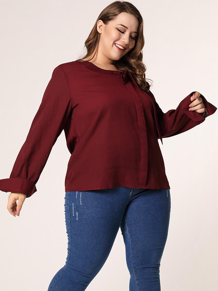 Bow-knot Round Neck Solid Color Blouse