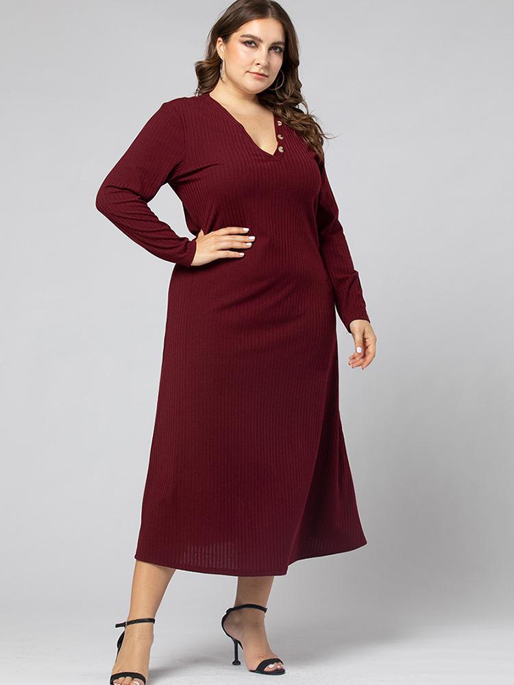 Button V-neck Basic Maxi Dress