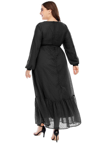 Dot Mesh Belt Round Neck Maxi Dress