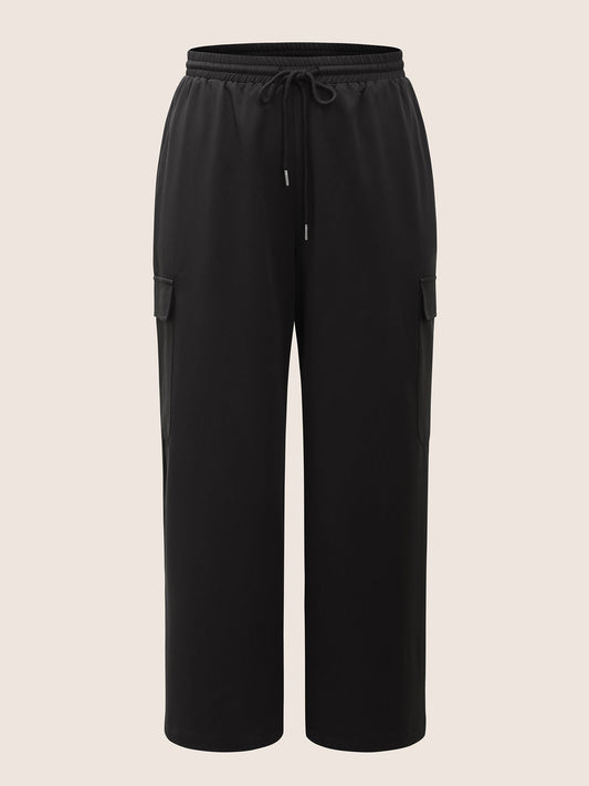 Plain Pocket Drawstring Elastic Waist Straight Leg Pants