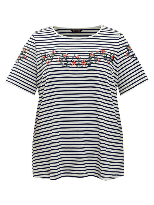 Floral Embroidered Slightly Stretchy Striped T-shirt