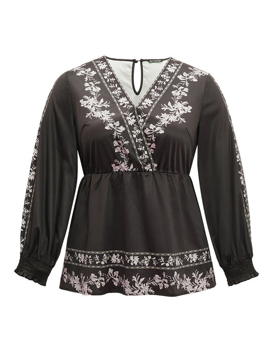 Boho Print Shirred Lantern Sleeve Blouse
