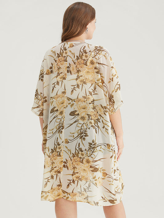 Floral Print Dolman Sleeve Asymmetrical Open Front Kimono