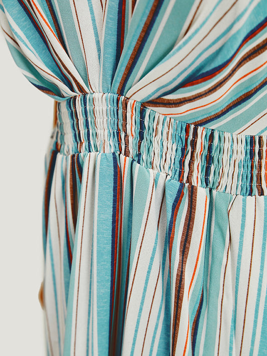 Striped Contrast Shirred Split Hem Batwing Sleeve Pocket Dress