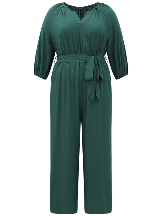 Plain Notched Belted Gathered Lantern Sleeve Jumpsuit
