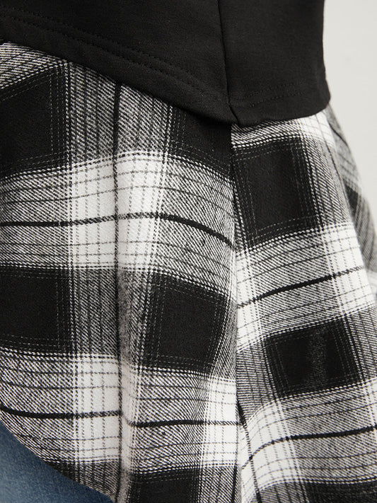 Tartan Patchwork Round Neck Asymmetrical Hem Sweatshirt