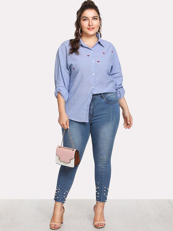 Heart Printed Striped Lapel Shirt