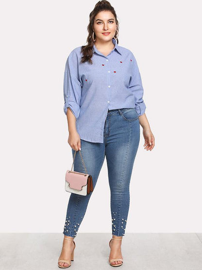 Heart Printed Striped Lapel Shirt