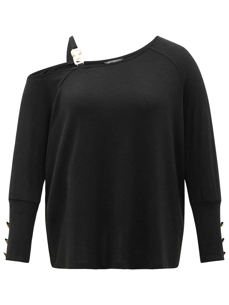 Plain One Shoulder Button Metal Detail Sweatshirt
