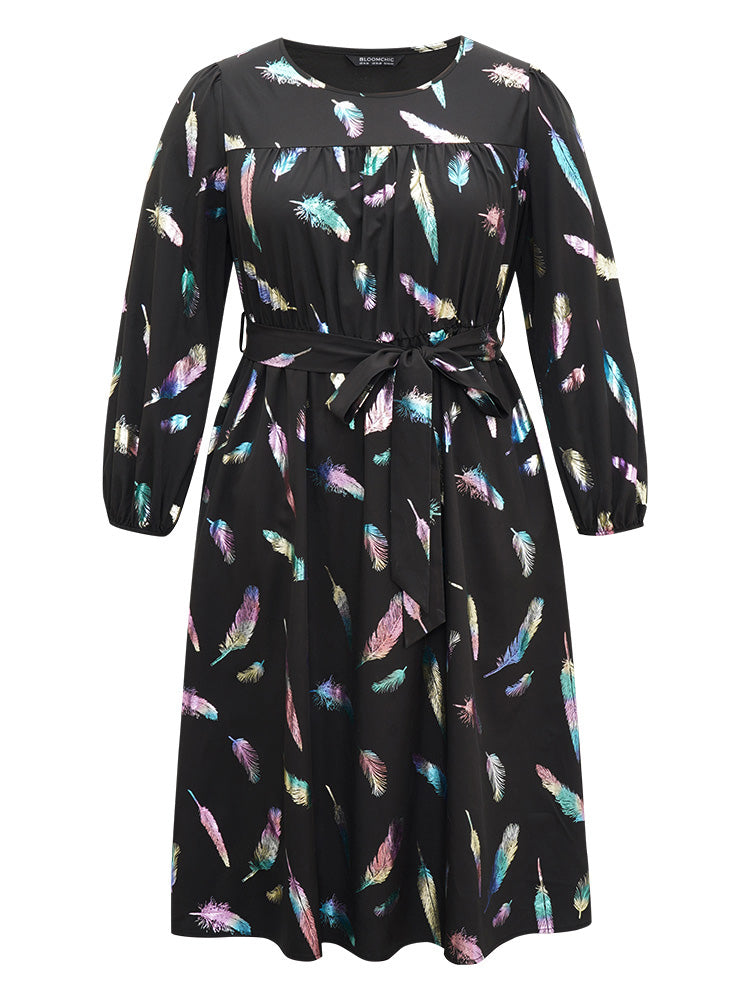 Glitter Feather Print Pocket Elastic Waist Dress