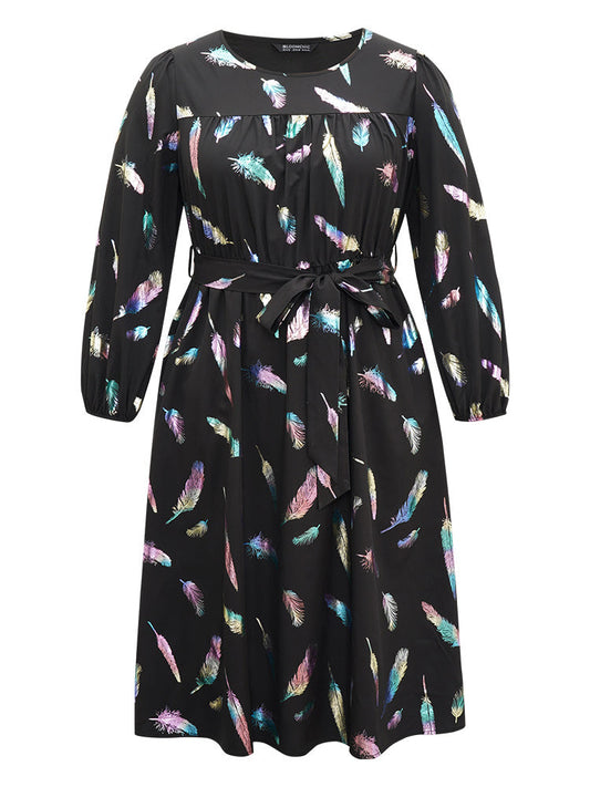 Glitter Feather Print Pocket Elastic Waist Dress