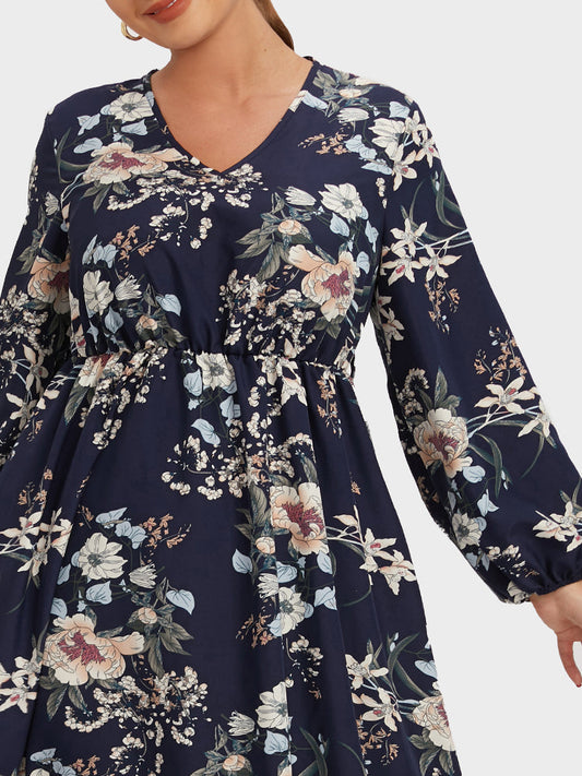 V Neck Floral Print A Line Dress