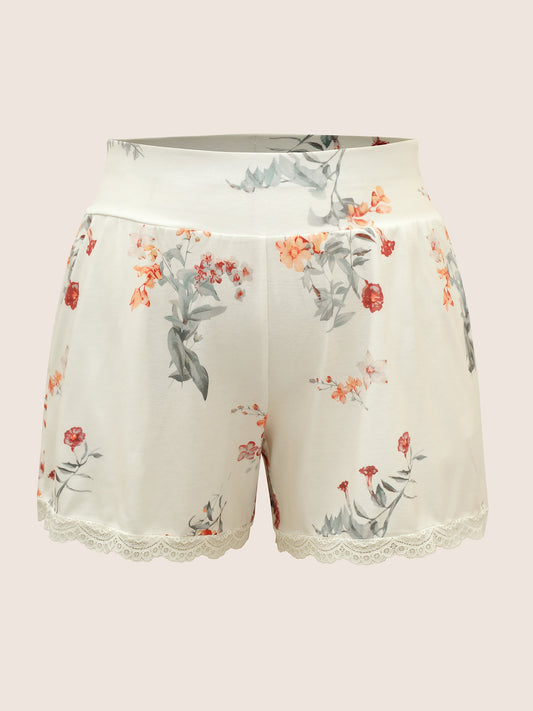 Plants Lace Patchwork Elastic Waist Sleep Bottoms