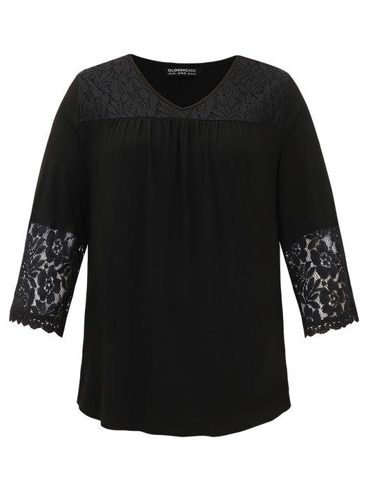 Solid Lace Insert V Neck T-shirt