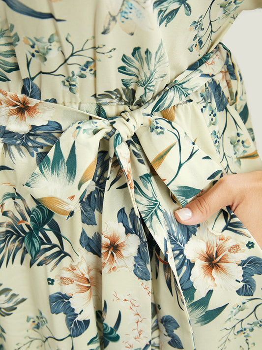 Tropical Notched Dolman Sleeve Pocket Belt Arc Hem Dress