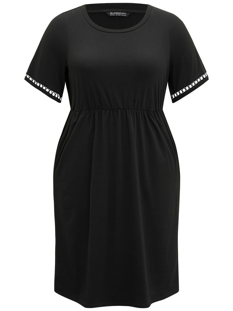 Plain Crew Neck Pocket Hollow Out Ruffle Hem Dress