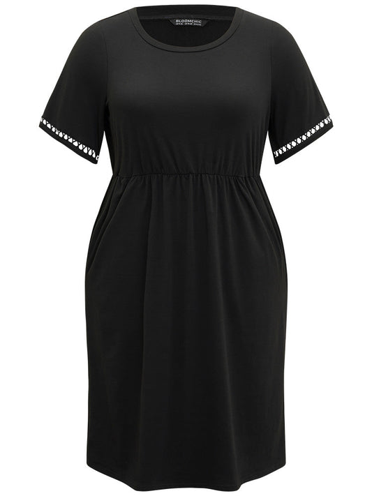 Plain Crew Neck Pocket Hollow Out Ruffle Hem Dress
