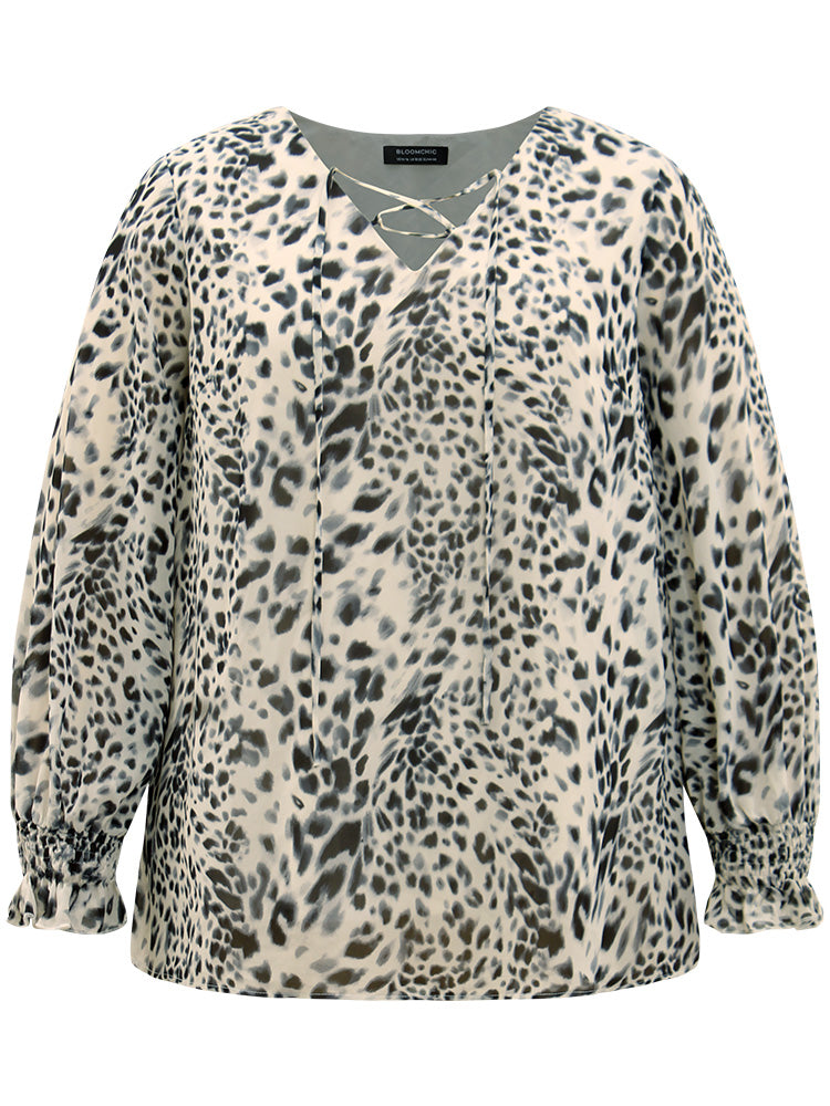 Leopard Print Lace Up Shirred Blouse