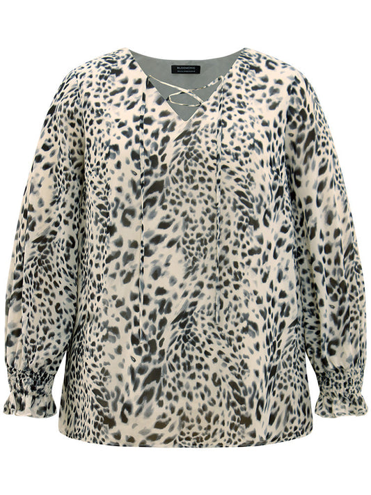 Leopard Print Lace Up Shirred Blouse