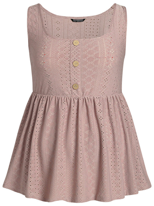 Plain Broderie Anglaise Gathered Button Detail Tank Top