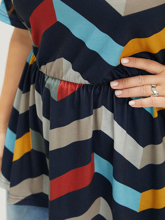 Chevron Print Ruffle Sleeve Striped Contrast T-shirt