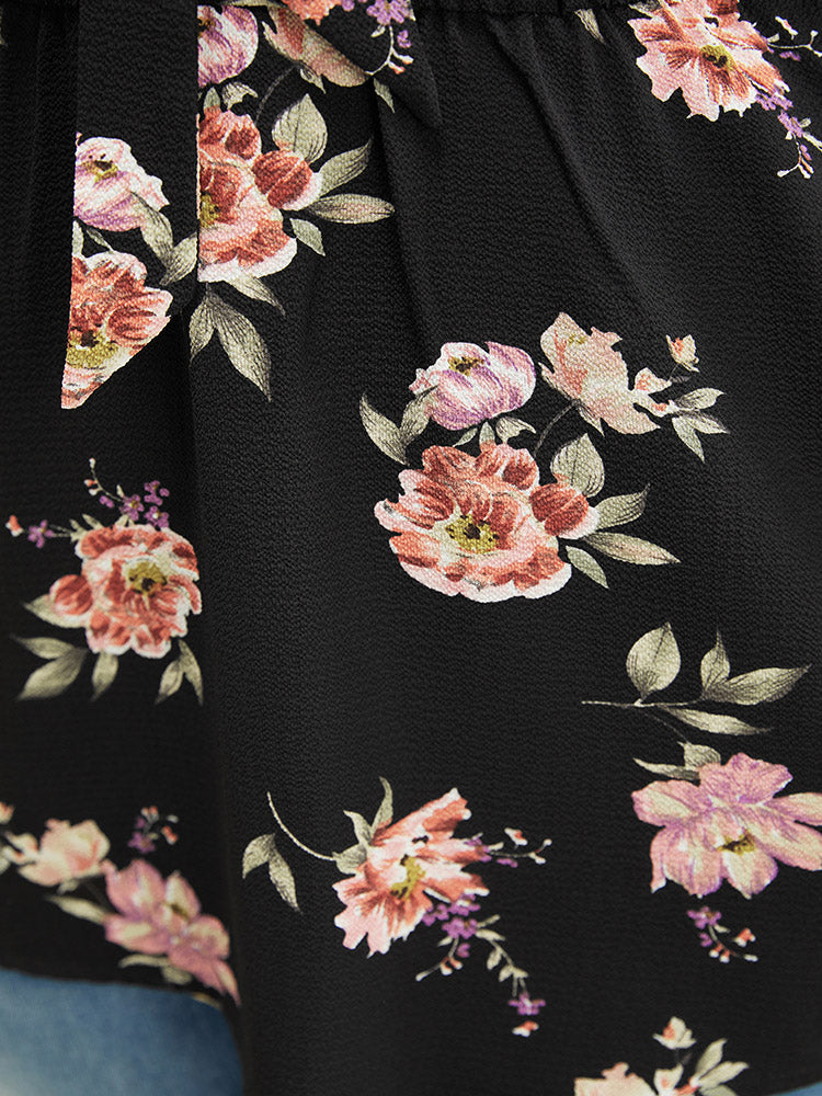 Floral Ruffle Hem Gathered Knotted Neck Tank Top