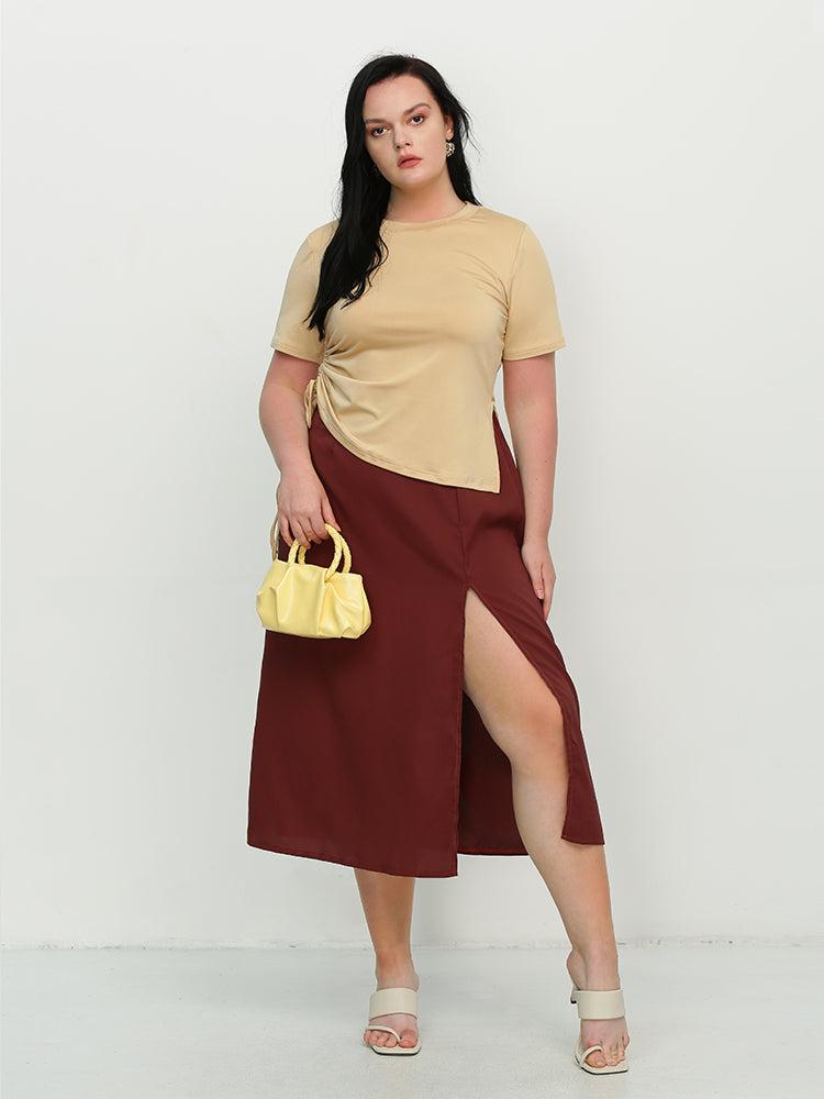 Ruched Knotted Split Hem T-Shirt