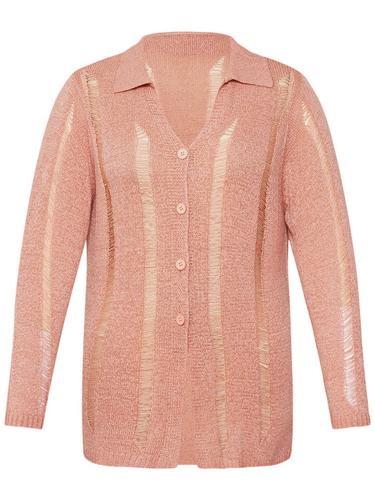 Solid Lapel Collar Button Up Mesh Cardigan