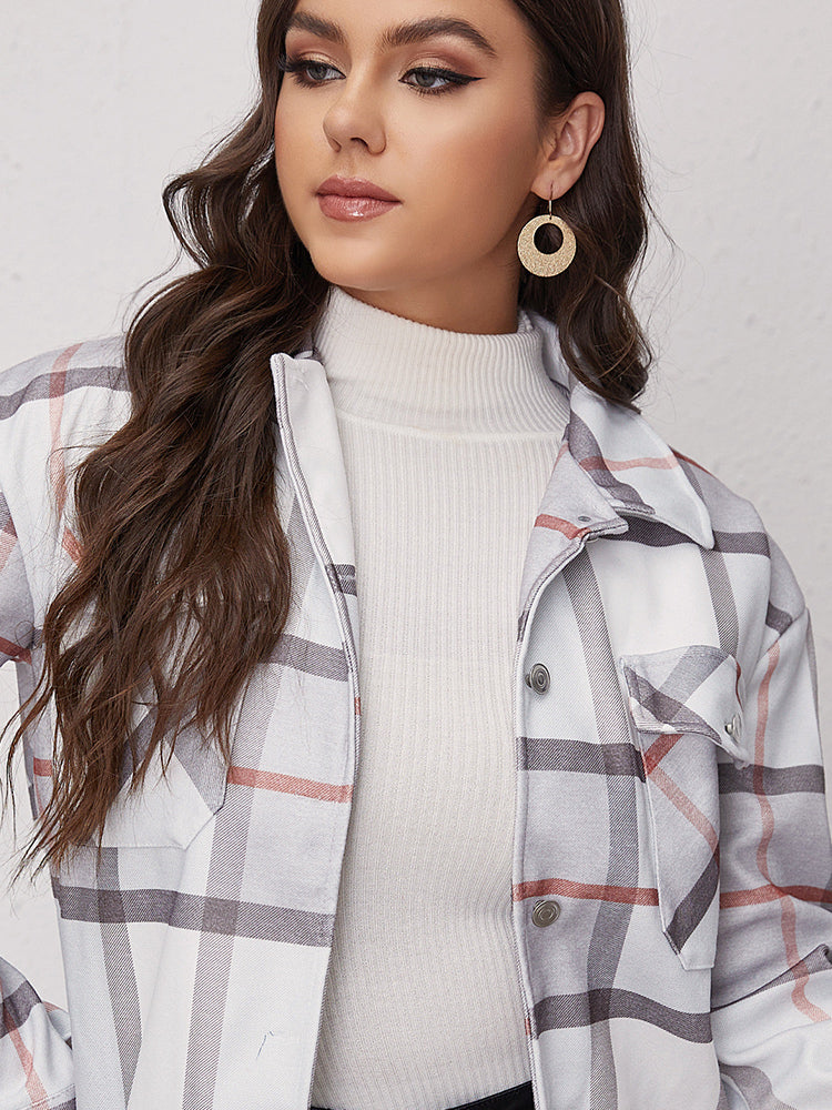 Plaid Pocket Lapel Collar Blouse
