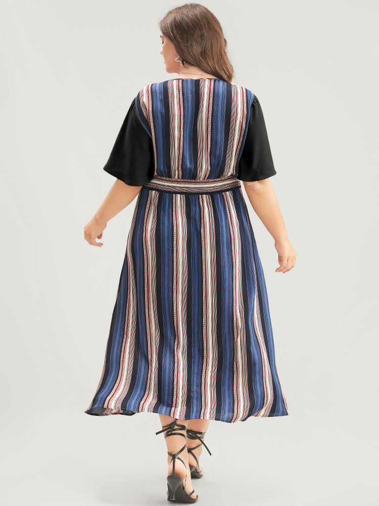 Striped Contrast Ruffle Sleeve Pocket Shirred Split Hem Dress