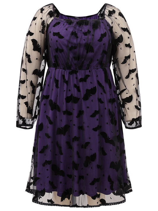 Halloween Bat Pattern Mesh Pompom Trim Dress