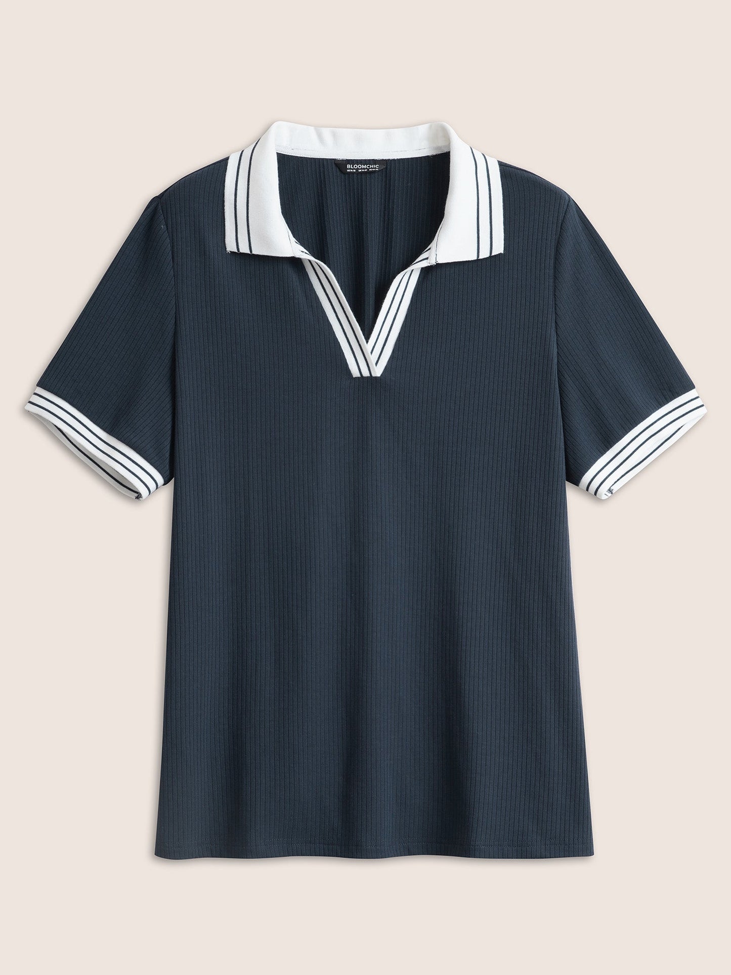 Striped Patchwork Polo Neck Rib Knit T-shirt