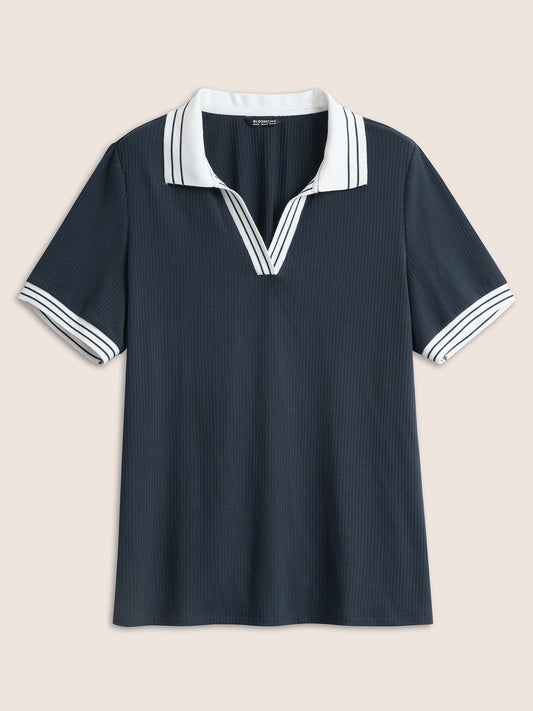 Striped Patchwork Polo Neck Rib Knit T-shirt