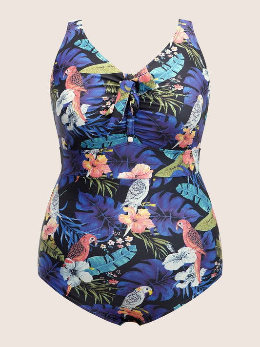 Tropical Print Knotted Tummy Control One Piece Swimsuit