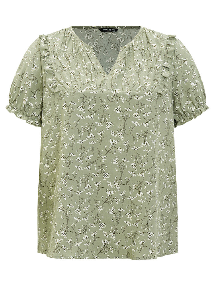 Ditsy Floral Puff Sleeve Ruffle Trim Blouse