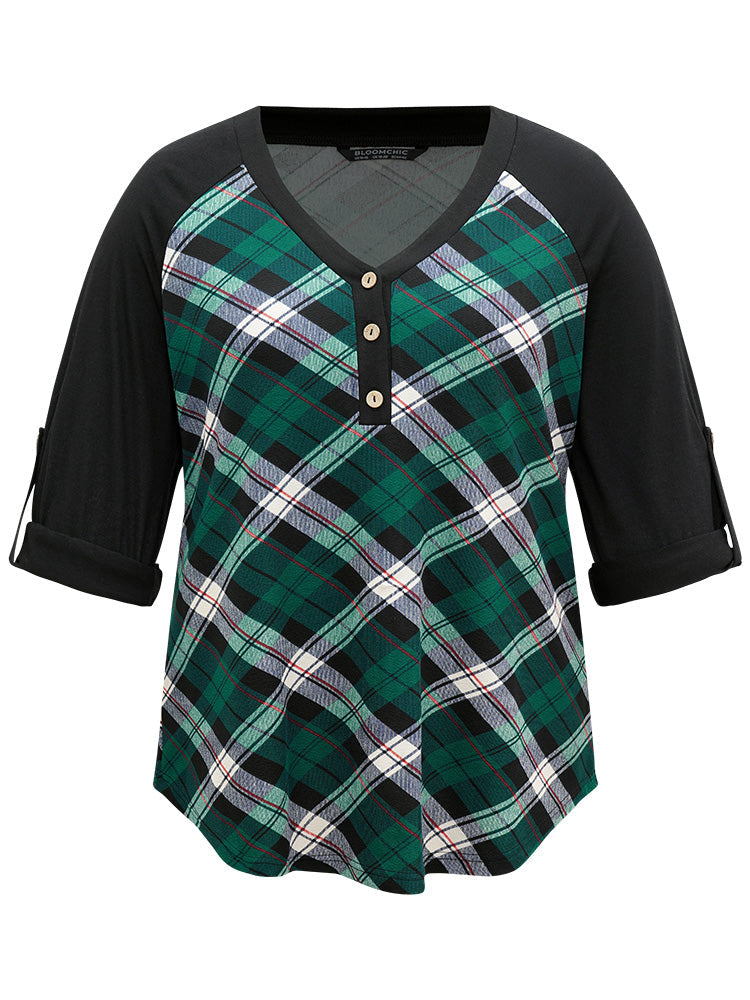 Plaid Contrast Roll Raglan Sleeve T-shirt