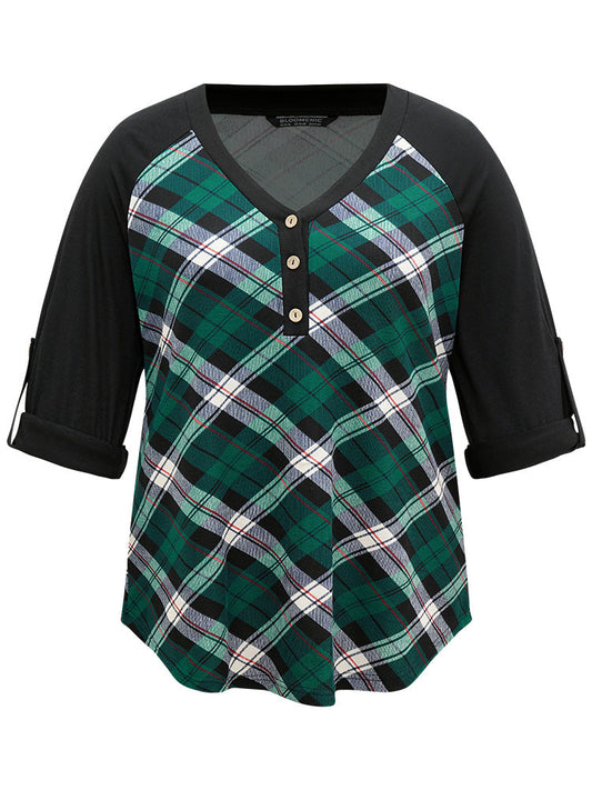 Plaid Contrast Roll Raglan Sleeve T-shirt