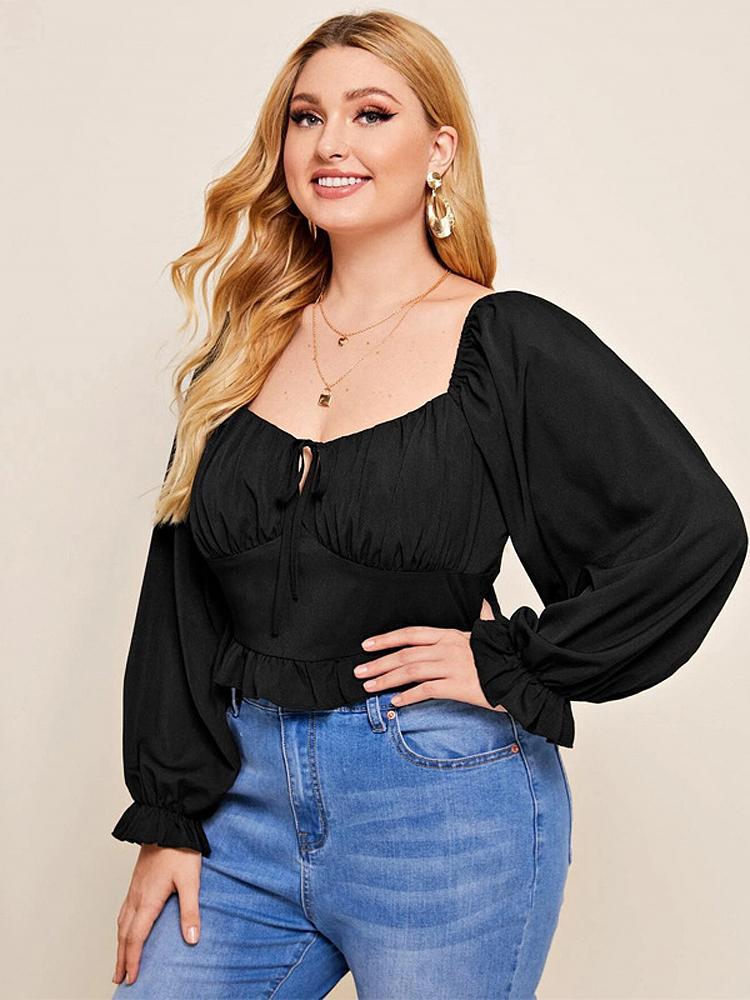 Pleated Square Collar Ruffle Top