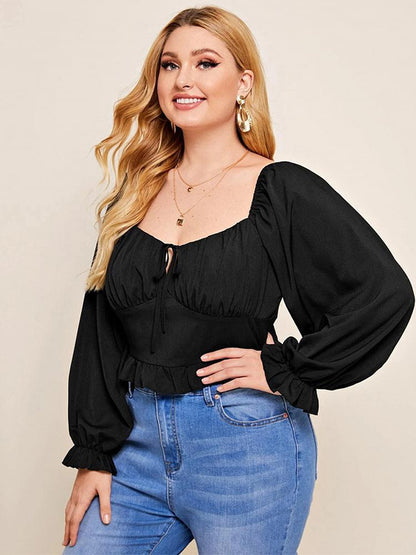 Pleated Square Collar Ruffle Top