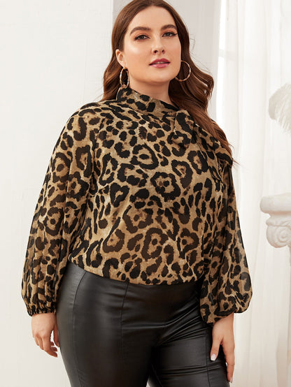 Tie Neck Lantern Sleeve Leopard Top