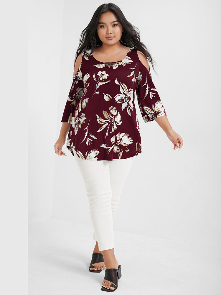 Floral Print Ruffles Cold Shoulder T-shirt