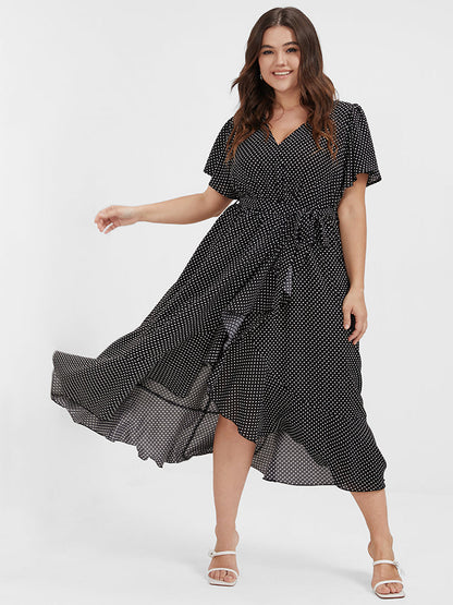 Polka Dot Flutter Trim Belted Wrap Dress