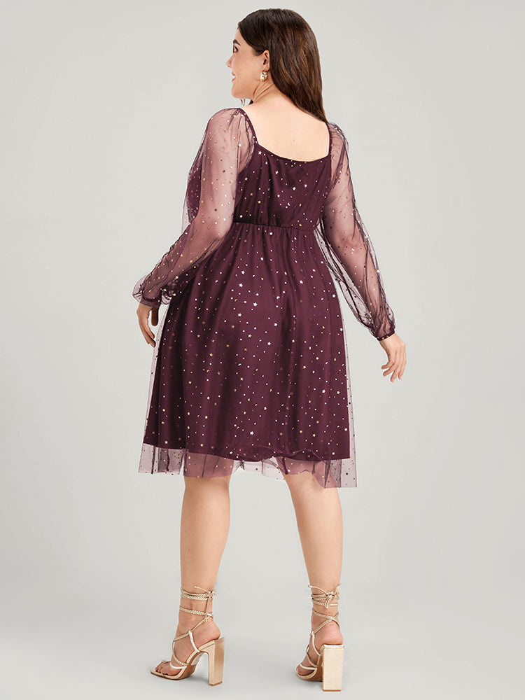 Bloom Dress - Star Printed Mesh Puff Sleeve V Neck Knee Dress