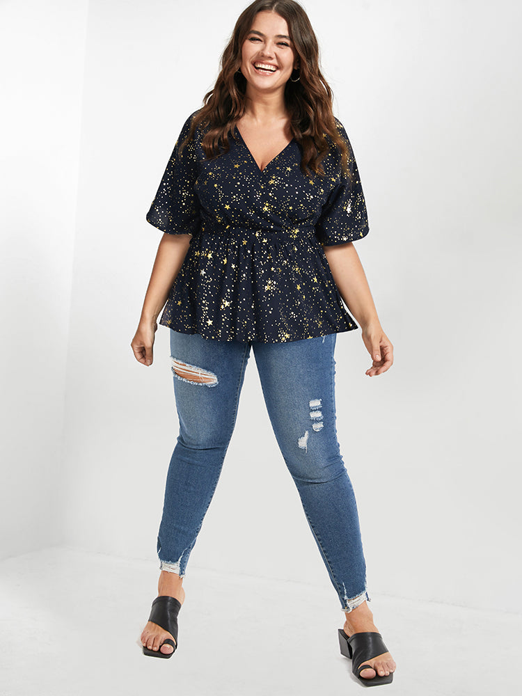 Star Printed Elastic Waist Ruffled V Neck Blouse