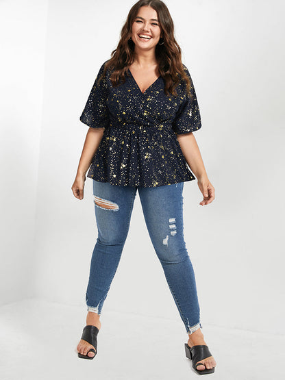 Star Printed Elastic Waist Ruffled V Neck Blouse