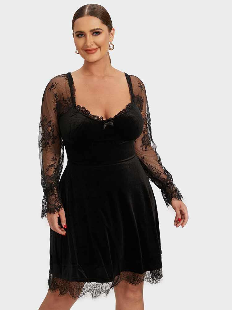 Solid Contrast Lace Sleeve Dress