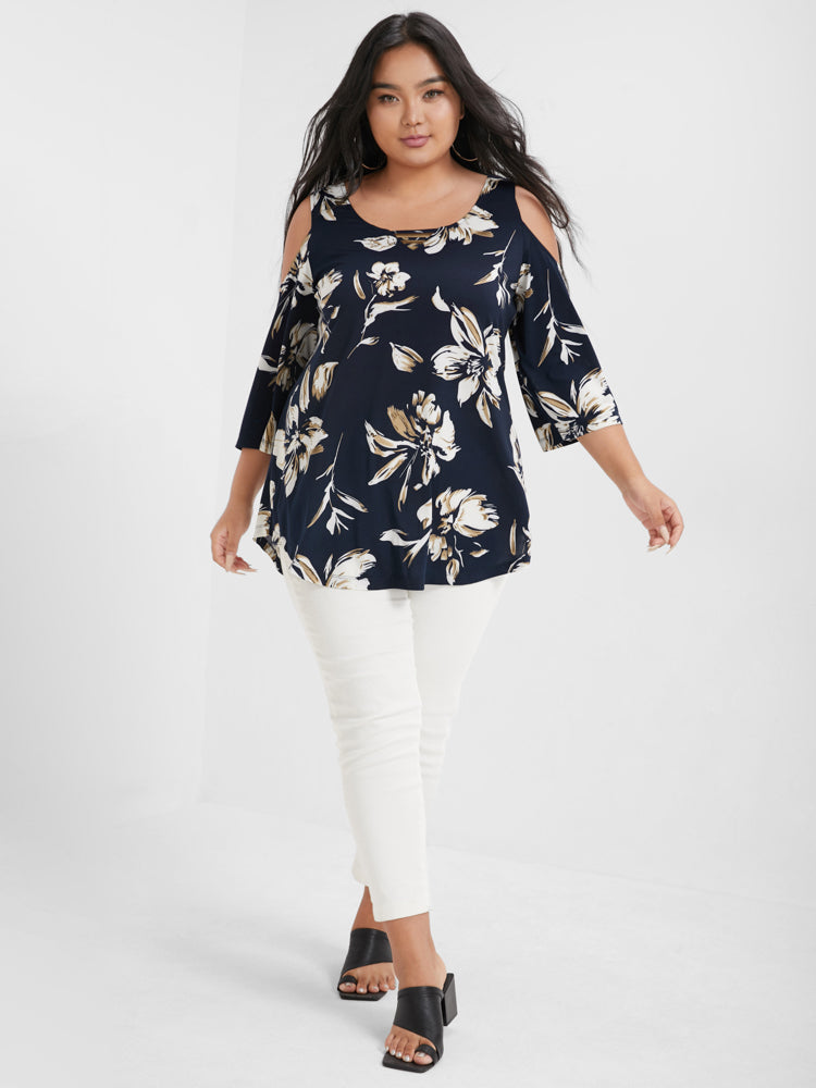 Floral Print Ruffles Cold Shoulder T-shirt