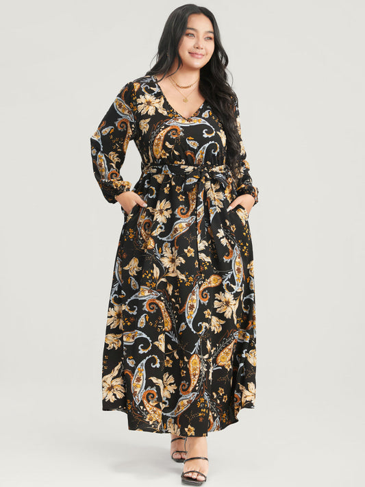 Floral Pocket Lantern Sleeve V Neck Belted Maxi Dress